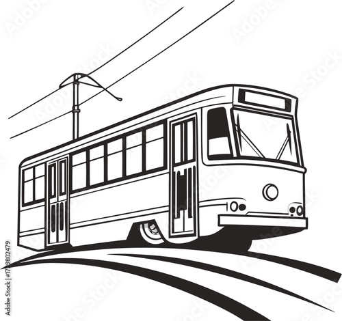Classic Urban Tram with Overhead Wires Detailed Monoline Public Transportation Graphic,Retro Trolley Bus Icon Traveling on Rails City Transit and Vintage Travel Vector Drawing