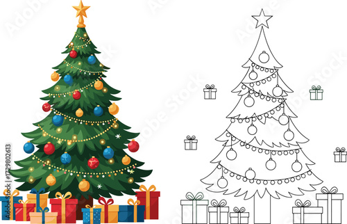 Christmas tree with decorations, colorful ornaments, festive lights, holiday gifts, star topper, outline drawing version, seasonal celebration, vector illustration