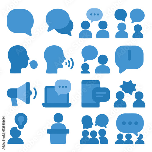 Communication and Dialogue: A collection of modern icons representing the multifaceted nature of dialogue, discussions, and digital communication.
