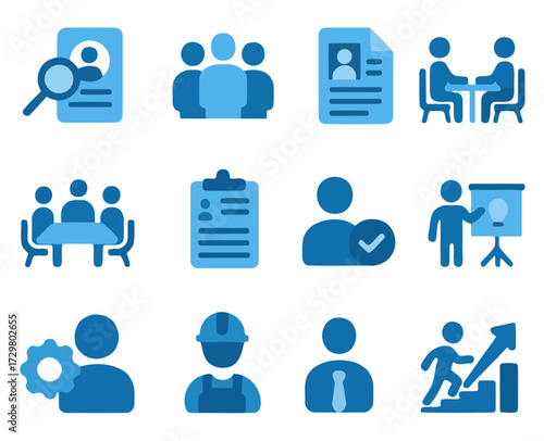 Job Search Icons: A collection of professionally designed icons in shades of blue, representing various aspects of job searching, employment, and career advancement.