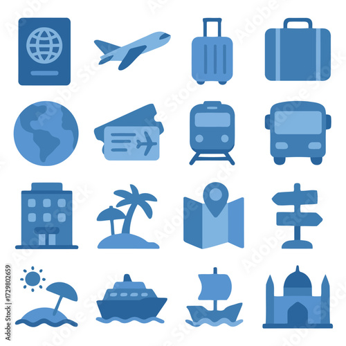 Travel Icons: A collection of vector travel icons representing various modes of transportation and essential elements for global exploration, all unified by a sleek, modern style. 