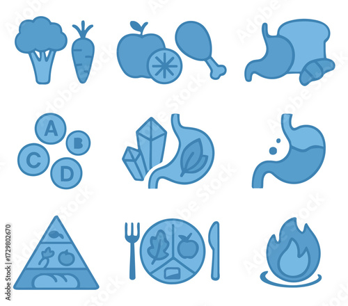 Dietary Delights: A collection of stylized food and nutrition illustrations, perfect for conveying healthy eating concepts and promoting balanced diets. 