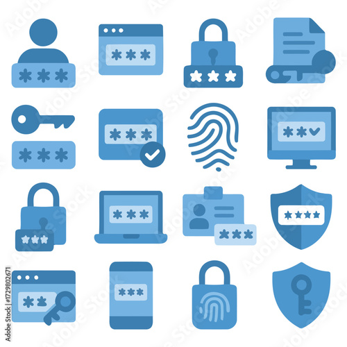 Digital Security Icon Set: A modern, eye-catching icon set visually communicates digital security, comprising a variety of symbols like padlocks, keys, fingerprint, passwords, and document protection.