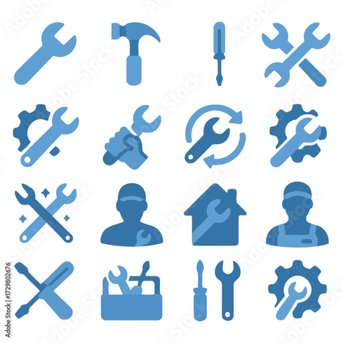 Tools of the Trade: A comprehensive illustration showcasing a diverse array of essential tools, designed for various tasks, including wrench, hammer, screwdriver and gear.