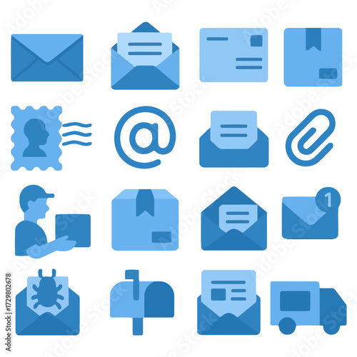 Digital Communication Icons: A cohesive array of digital communication icons in shades of blue, representing various aspects of the online world, from emails and mailboxes to deliveries and security.