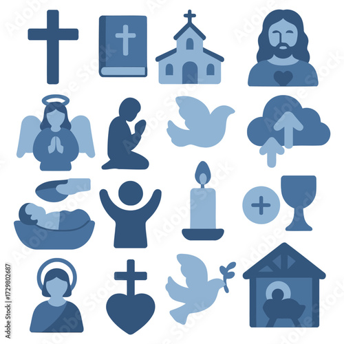 Sacred Symbols: An array of religious icons in a clean, minimalist style, perfect for illustrating faith, spirituality, and devotion.