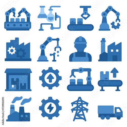 Industry Icons: A collection of stylized icons depicting various aspects of industry, from factories to automated machinery.