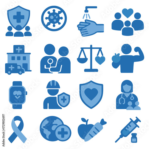 Health Icons Collection: A series of blue icons represent healthcare, medical protection, and wellness elements, providing a visual summary of diverse topics in health, including medicine, well-being.