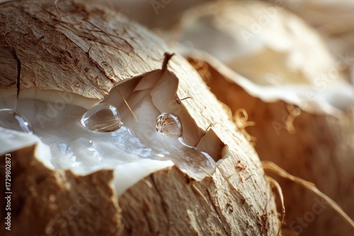 Close-up of Freshly Opened Coconut, Creamy Interior Exposing.