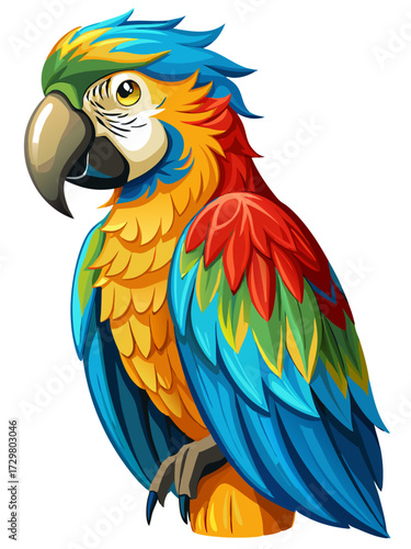 Cartoon illustration of a colorful macaw parrot with detailed feathering and shading