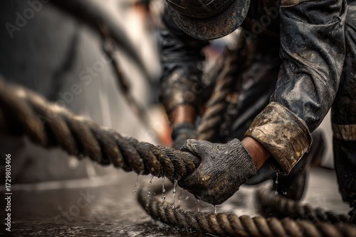 Close-up of Grimy Hands Tightly Gripping a Thick, Weathered Rope on a Nautical Vessel.