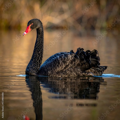 Fototapeta Naklejka Na Ścianę i Meble -  Elegant black swan gracefully glides on calm water, reflecting its image