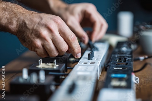 Close-Up of Hands Adjusting Electronic Equipment, Focus on Detail and Precision.