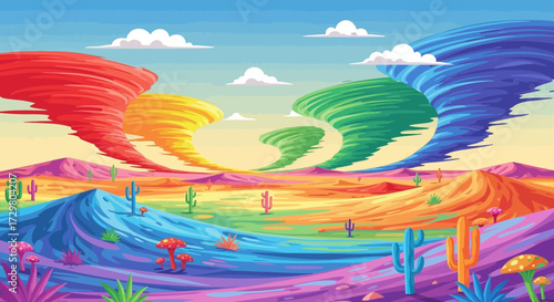 Colorful Tornadoes Over a Vibrant Desert Landscape Illustration