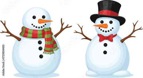 Two snowman characters with scarf, hat, bow tie, carrot nose, winter holiday cartoon illustration, Christmas decoration, festive seasonal artwork