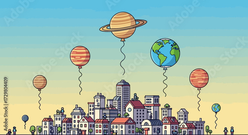 Whimsical cartoon city with large, floating planet-shaped balloons, including a detailed Earth and a ringed Saturn, creating a surreal urban skyline.
