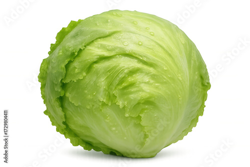 Fresh iceberg lettuce head with water droplets, showing healthy crisp green leaves for a diet or salad on a transparent background