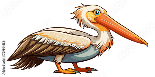 Cartoon Illustration of a Beautiful Pelican Standing Tall on a White Background