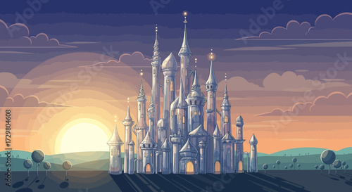 Majestic Pixelated Castle Bathed in Golden Sunset Light