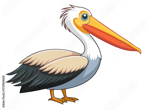 Cartoon illustration of a pelican with a long beak and orange feet