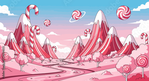 Whimsical Candy Land Landscape with Striped Mountains and Lollipop Trees