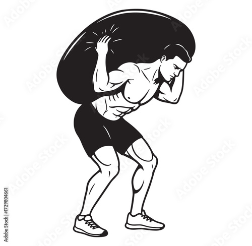 Powerful athlete carrying a large heavy object symbolizing strength and endurance