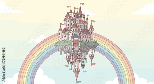 Whimsical Floating Castle Adorned with Flags and Rainbow Arch