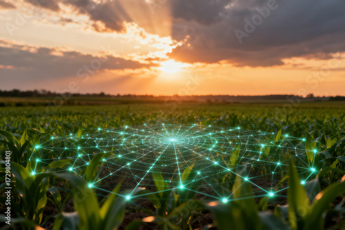 A digital network overlay on a field of crops during sunset, symbolizing smart agriculture and technology integration in farming.