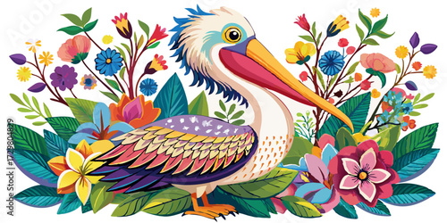 Beautiful Colorful Floral and Bird Artwork Featuring a Pelican and Bright Flowers