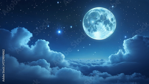 Starry night sky with glowing full moon and clouds cosmic celestial nature background