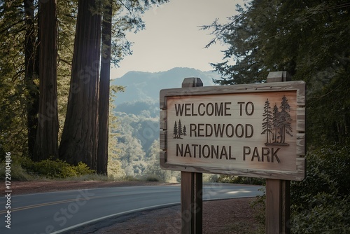 Welcome To Redwood National Park Sign Amidst Giant Redwood Trees and Scenic Landscape welcome sign giant trees