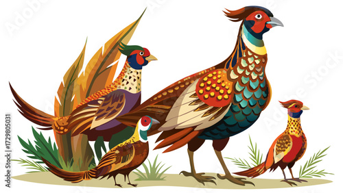 A vibrant cartoon illustration featuring a group of colorful ring necked pheasants