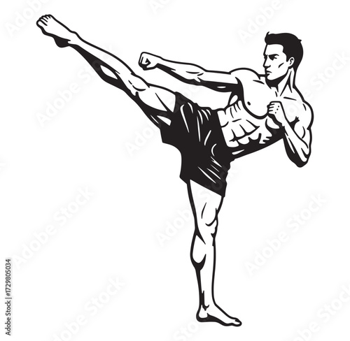 Professional black and white illustration of a martial arts practitioner kicking high