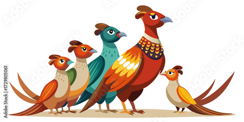 A colorful cartoon illustration of five pheasant birds standing together