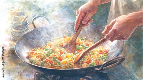 Close-up of Hands Stir-frying Colorful Vegetables and Rice in a Wok with Steam Rising.
