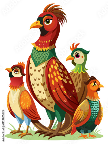 A vibrant cartoon illustration featuring a group of four colorful pheasants