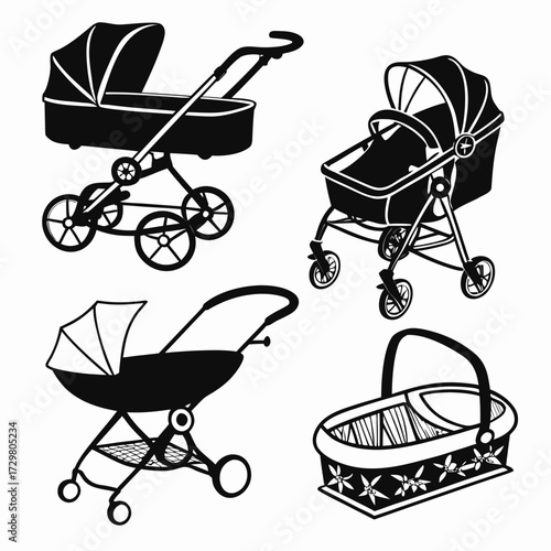 Set of baby carriages and crib collection of different types of strollers for newborns baby transport vector illustration in flat style