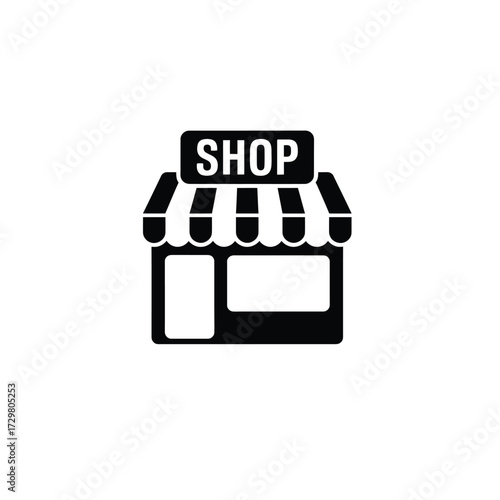 Black and White Icon of a Storefront with Awning and Shop Sign
