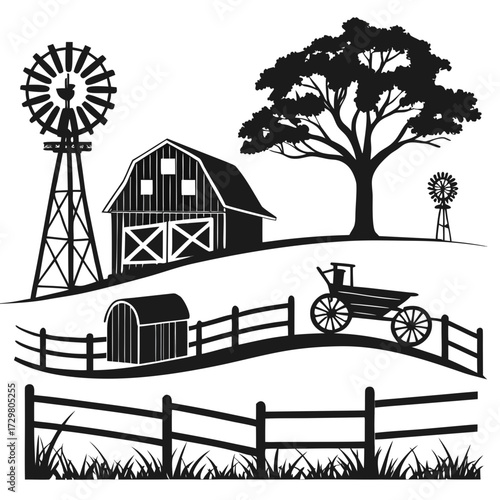 Rural landscape with barn and windmill farm scene with tree and fence vector illustration in flat style countryside view with wagon