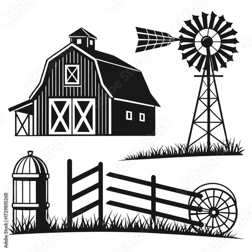 A vintage farm scene features a barn, windmill, fence, and water pump, capturing the essence of rural life and agricultural history in a graphic style