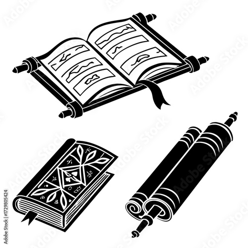 Collection of ancient books and scrolls open book, rolled papyrus and scroll in black silhouette style for history or education design, perfect for your project