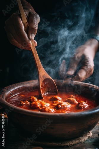 Close-up of Hands Stirring Spicy Stew in Earthenware Pot, Steam Rising.