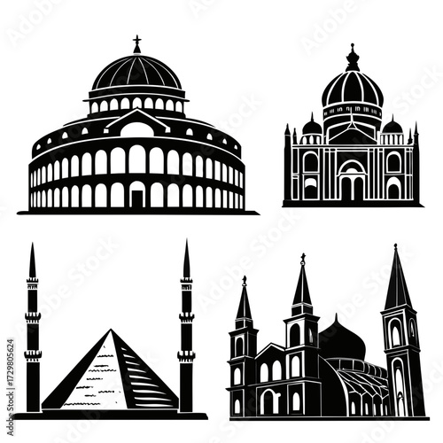 Silhouettes of famous landmarks showcasing iconic architectural designs, including domes, minarets, and pyramids, in a striking black and white vector