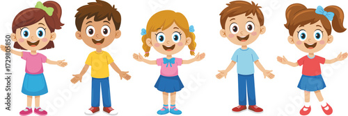 Happy cartoon kids standing in a row, smiling children illustration, cute boys and girls characters, colorful vector group of children