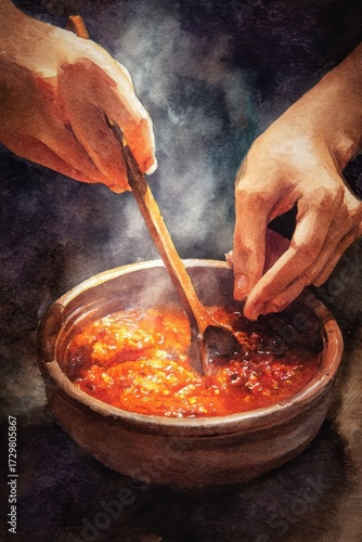Close-up of Hands Stirring a Steaming Pot of Rich Red Tomato Sauce with Wooden Spoon.