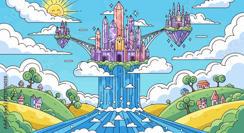 Whimsical Floating Castle with Crystal Towers and Bridges in Sky