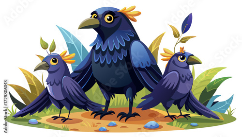 A charming illustration of three cartoon birds surrounded by leafy foliage