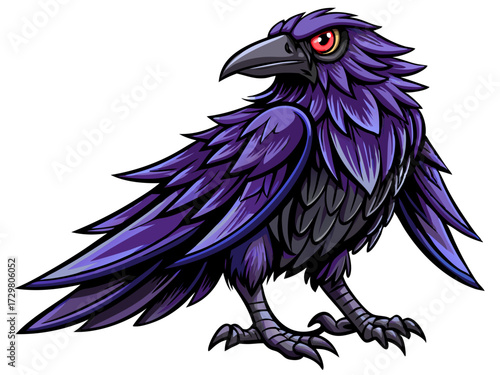Cartoon illustration of a purple raven with red eyes staring intensely
