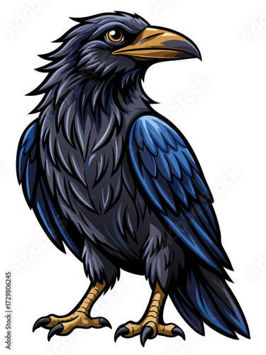 Stylized cartoon raven illustration with detailed feathers and golden beak