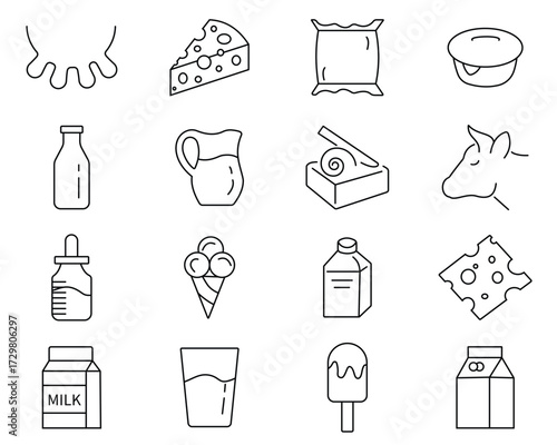 Dairy products line icon set.  Simple outline signs for healthy milk food. Editable Stroke, milk bottle, cream, kefir, cheese illustrations. Thin signs for food store.